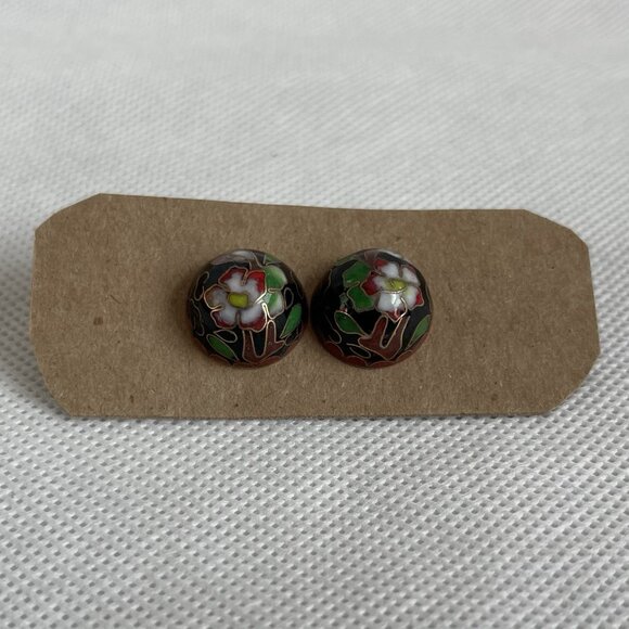 Vintage Pink Lotus Cloisonne Earrings Black Cobalt Floral Stud Jewelry - Picture 2 of 3